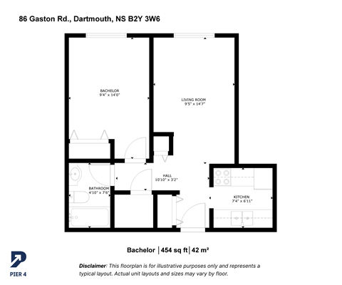 Floor plan for studio, 1 bath, 454 sqft